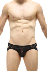 Petitq jockstrap thong lace black men’s underwear in sheer black lace with patterned design and side straps visible from the back