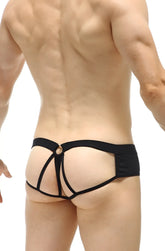 Back view of petitq jockstring brioux noir black lace-trimmed briefs with central circular metal ring