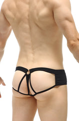 Back view of petitq jockstring brioux noir black lace-trimmed briefs with central circular metal ring