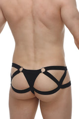 Black lace-up harness-style briefs with metallic rings by petitq jockstring marcq bee black shown from back