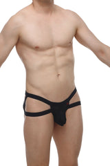 Petitq jockstring marcq bee black mesh briefs with crisscross straps and a small red logo on the side
