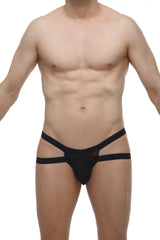 PetitQ jockstring Marcq Bee black mesh briefs with three horizontal straps and a small red logo on the front