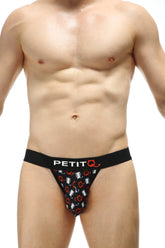 Black petitq jockstring millesime briefs with a playful white and red cartoon cat pattern for men