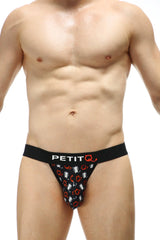 Black petitq jockstring millesime briefs with a playful white and red cartoon cat pattern for men