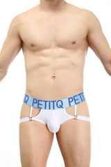 White petitq jockstring morsang briefs with light blue elastic waistband and white suspenders with gold rings