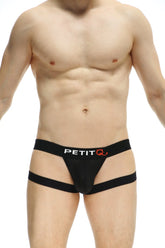 Black petit q jockstring seyre bee men’s briefs with mesh front and side straps for breathable comfort