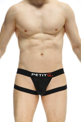 Black petit q jockstring seyre bee men’s briefs with mesh front and side straps for breathable comfort