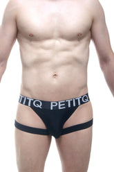 Black petitq jockstring briefs with white logo waistband band designed for comfortable everyday wear