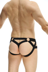 Black PetitQ jock thong briefs with harness-style thin straps and circular metal rings at the sides