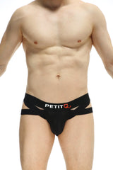 Black mesh PetitQ JockThong Bost Bee briefs with white and orange PetitQ logo on the waistband