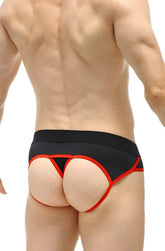 PetitQ jock thong Elne black athletic briefs in black and red with bold contrasting trim for active wear