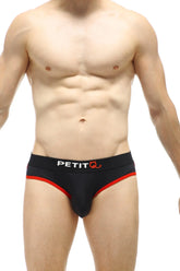 Black petitq jock thong elne with red trim and white logo featuring a sporty breathable design