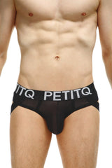 Black mesh petitq jockthong net briefs with bold white logo band designed for stylish comfort and support
