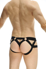 Petitq jockthong rider bost black strappy harness underwear with crisscross design and circular metal rings front