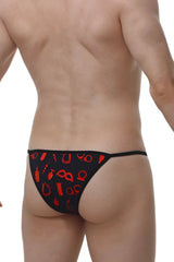 Black thong with red graphic design featuring various symbols and objects from petitq kini boudoir collection