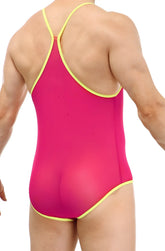 PetitQ leotard net fuchsia vibrant pink one-piece swimsuit with bright yellow trim on straps and edges