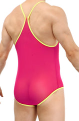 PetitQ leotard net fuchsia vibrant pink one-piece swimsuit with bright yellow trim on straps and edges