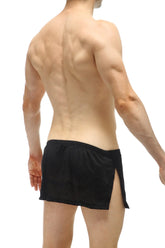 Black mesh athletic shorts with side slit from petitq loincloth bee black with jockstrap collection