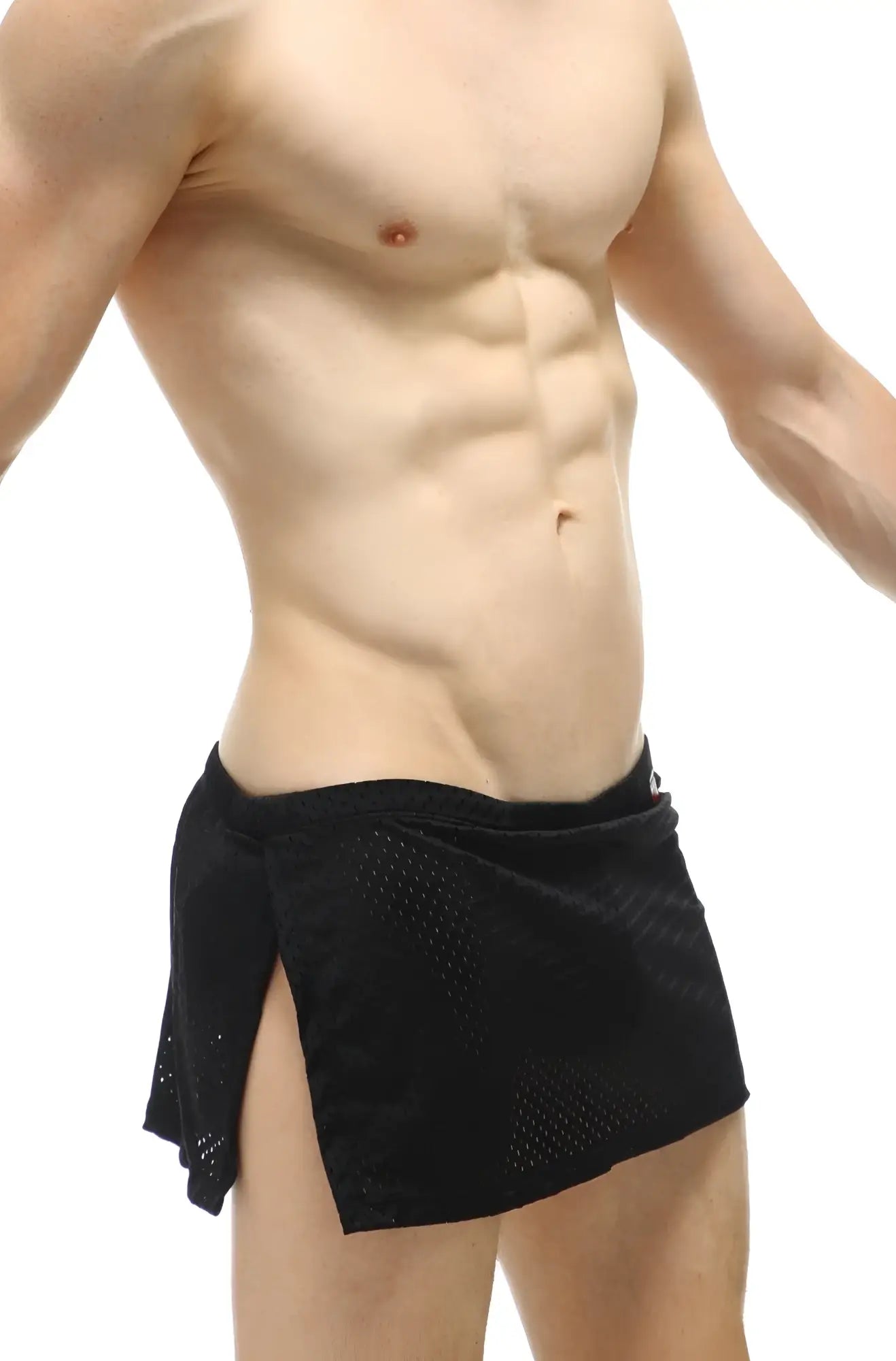 Black mesh athletic shorts with side slit elastic waistband from petitq loincloth bee black with jockstrap product