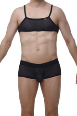 Black mesh bra and matching briefs set with thin straps and textured pattern from petitq micro tank macra black collection