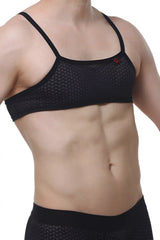 PetitQ micro tank macra black sports bra with thin straps mesh material and small red logo on the upper right side