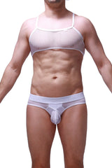 PetitQ micro tank top mesh white men’s underwear set with supportive bra top and breathable transparent white mesh briefs