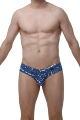 Petitq mini boxer new denim men’s briefs in blue with white abstract patterns and red logo on waistband