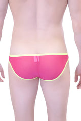 Petit-q big bulge transparent bikini underwear pink mesh briefs with yellow trim size l front view