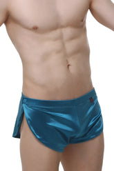 Petirq shorts snap satin teal shiny teal metallic swim trunks with side slit and button closure