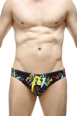 PetitQ swim bikini Lecci Conca with pad featuring black swim trunks with vibrant neon yellow blue pink graffiti and bright yellow drawstrings