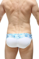 White swim trunks with a blue wave-patterned waistband from petitq swim bikini lecci tartane with pad