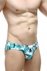PetitQ swim bikini Macouba featuring tropical leaf-patterned swim trunks in white and teal perfect for beachwear