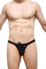PetitQ swim jockstrap recycled black with black drawstring waistband and small red logo on the side
