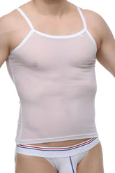 White mesh PetitQ tank top with thin straps and subtle logo on upper left chest