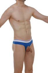 Blue athletic briefs with white and red striped waistband made of modal fabric petitq thong anjouin blue