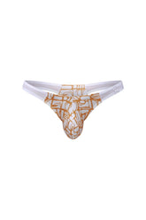 A white and gold patterned thong with geometric design from PetitQ thong Annoix Carlot alloy collection