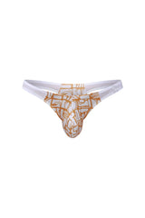 A white and gold patterned thong with geometric design from PetitQ thong Annoix Carlot alloy collection