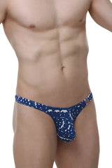 Blue patterned men’s thong with white abstract design from PetitQ Annoix new denim collection