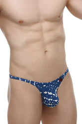 PetitQ thong bram new denim blue and white patterned thong with red circular detail on the side