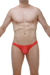 PetitQ Thong Bulan plum crimson bright red form-fitting men’s briefs with subtle logo on waistband front view