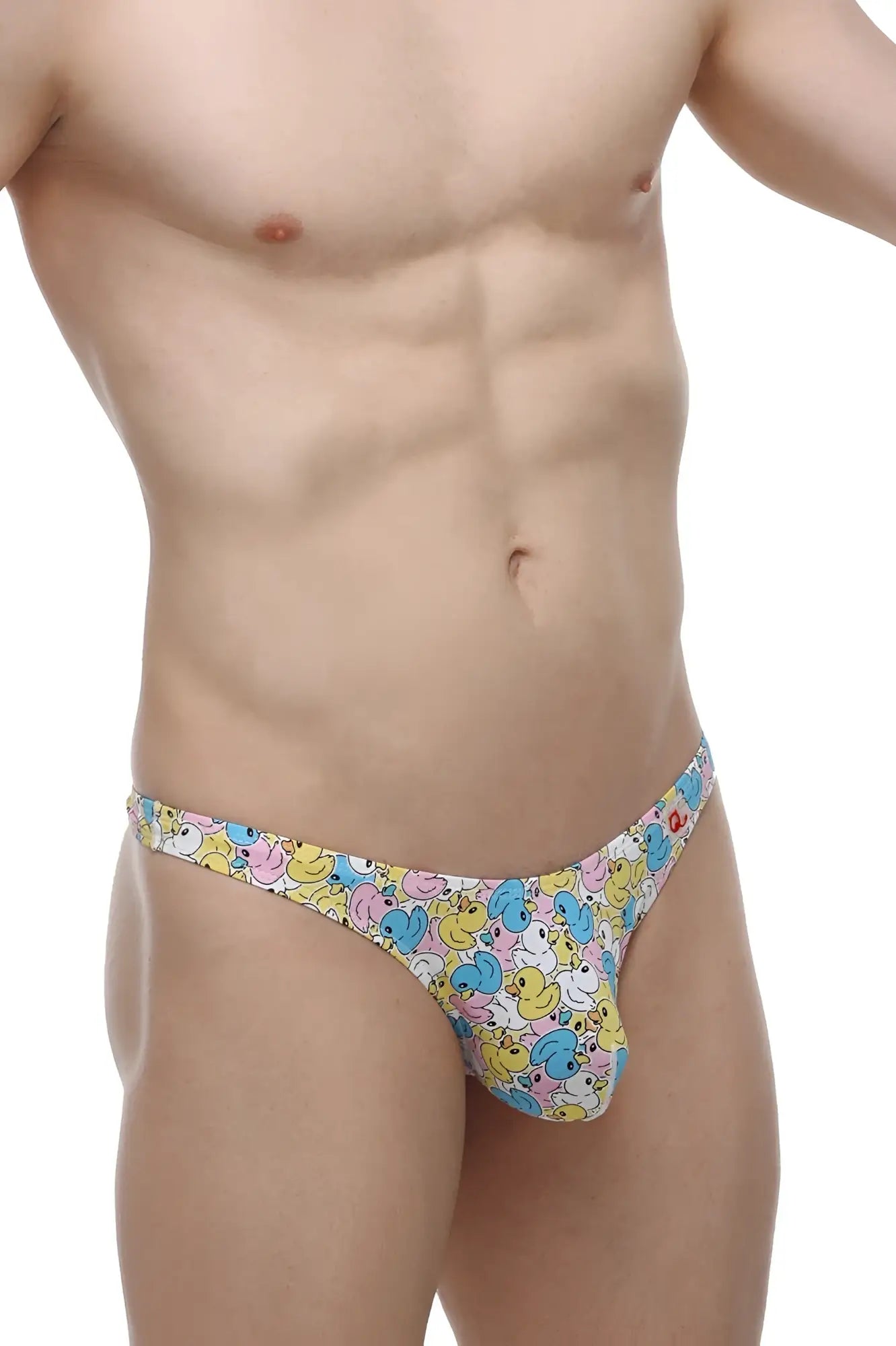 Pastel-colored PetitQ thong with a playful cartoon duck pattern in yellow, pink, and blue for comfortable wear