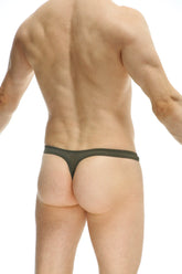 Dark green textured fabric thong with a narrow waistband from petitq in dome bee green color visible from back side
