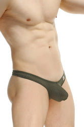 Olive green mesh PetitQ thong jockstrap with small white logo on the side in dome bee green color