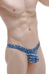 Petitq thong dome new denim blue patterned men’s briefs with white abstract designs in soft denim fabric