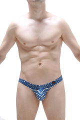 Petitq thong dome new denim blue patterned men’s briefs with white abstract design in soft breathable fabric