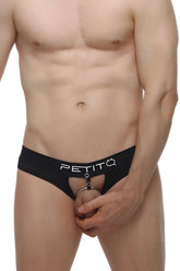 Black petitq thong with a central ring attachment designed as a cockring bee in sleek fabric material