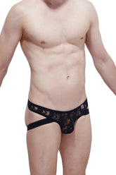 Black lace thong jockstrap with intricate floral patterns and supportive contoured design by PetitQ in black