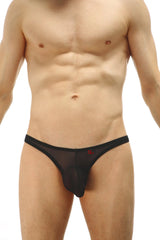 Black sheer mesh thong with small red petitq logo on waistband shown from the back in the thong lasso cockring net design