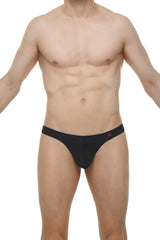 Black men’s briefs with a subtle red logo on the waistband from the thong lasso cockring plum black collection