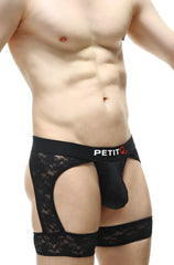 Black lace-trimmed PetitQ thong Maiserey lace black men’s briefs with branded waistband, front view